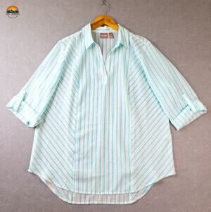 Chico's Blouse Top Blue White Button-Down Striped Women's Size 3